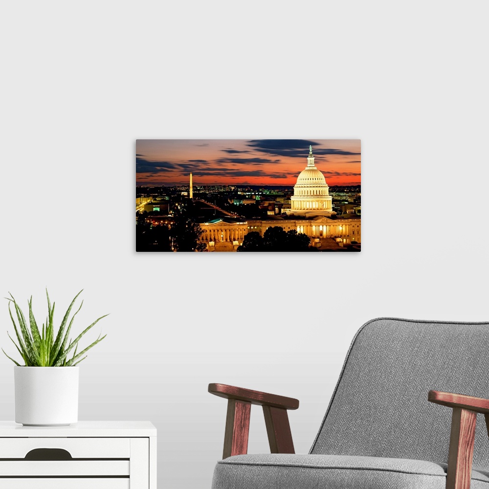 A modern room featuring High angle view of a city lit up at dusk, Washington DC