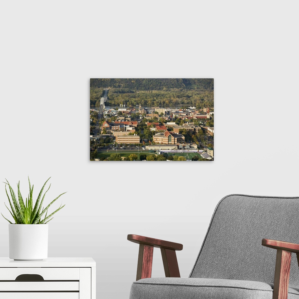 A modern room featuring High angle view of a city, Mississippi River Valley, Winona, Minnesota