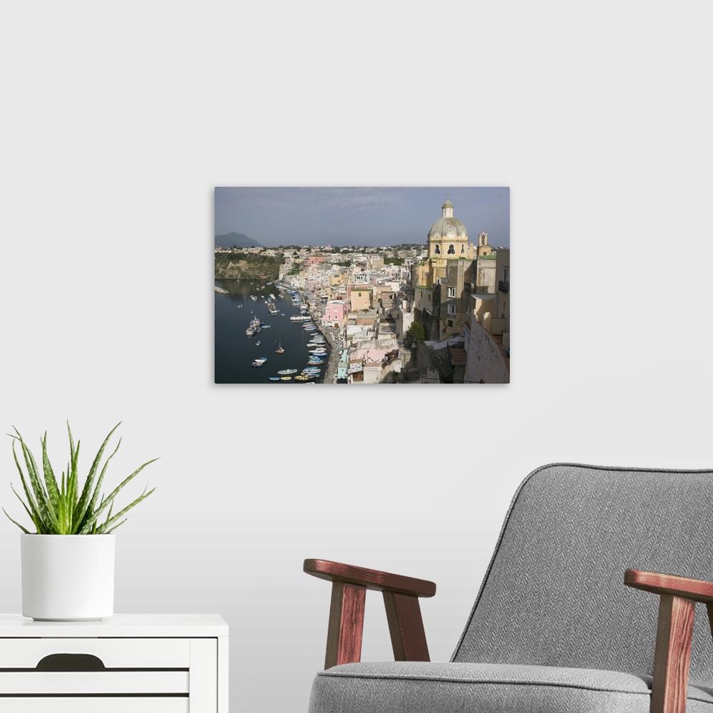 A modern room featuring High angle view of a city, Procida, Naples, Campania, Italy