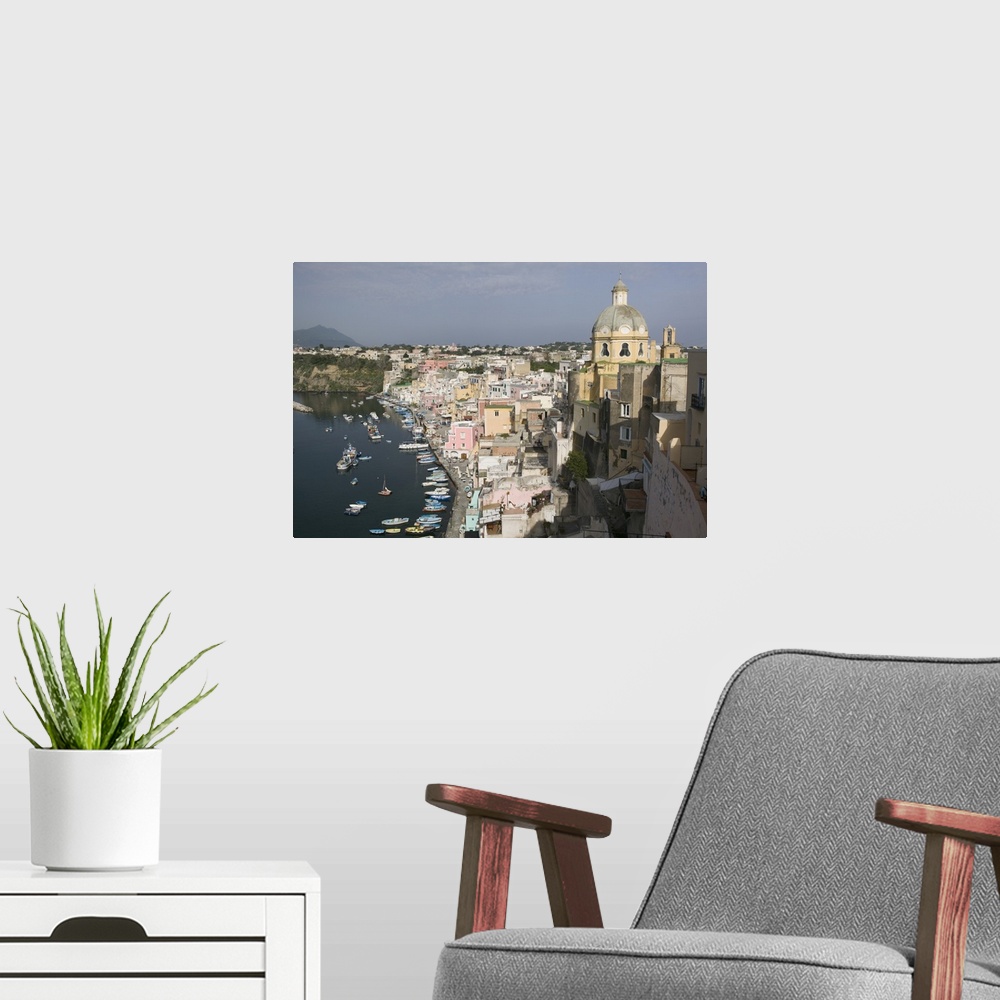 A modern room featuring High angle view of a city, Procida, Naples, Campania, Italy