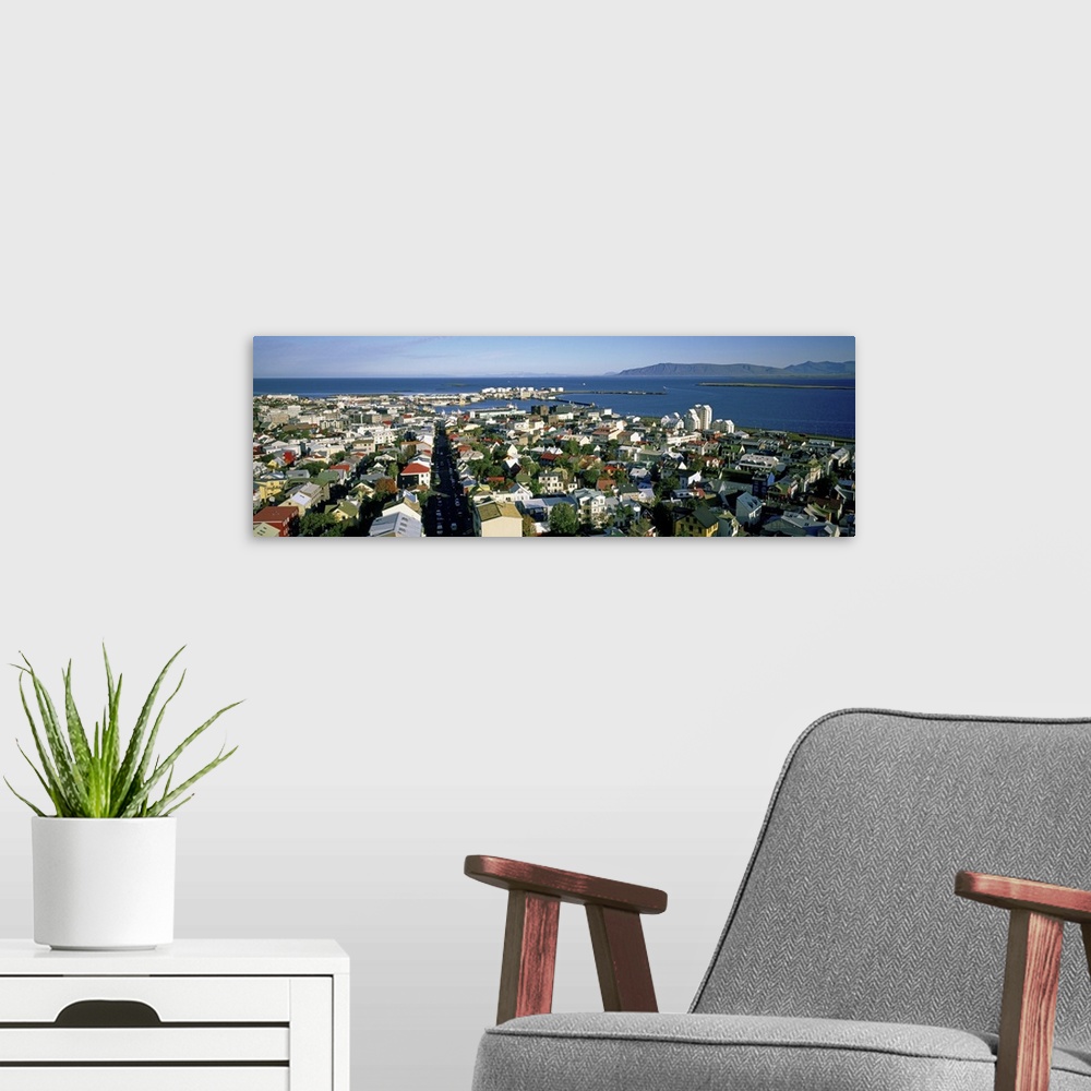 A modern room featuring High angle view of a city, Reykjavik, Iceland