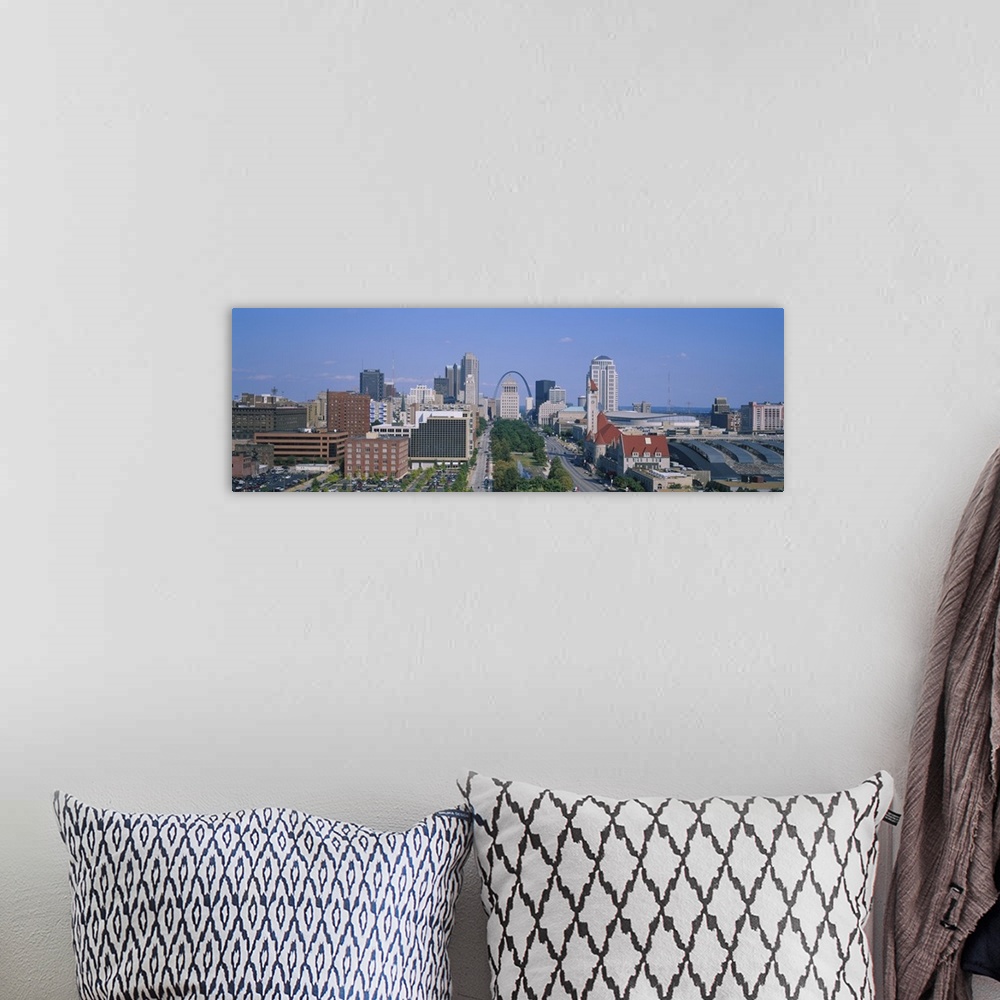 A bohemian room featuring Panoramic, high angle photograph of the St. Louis skyline during the day, the Gateway Arch can be...