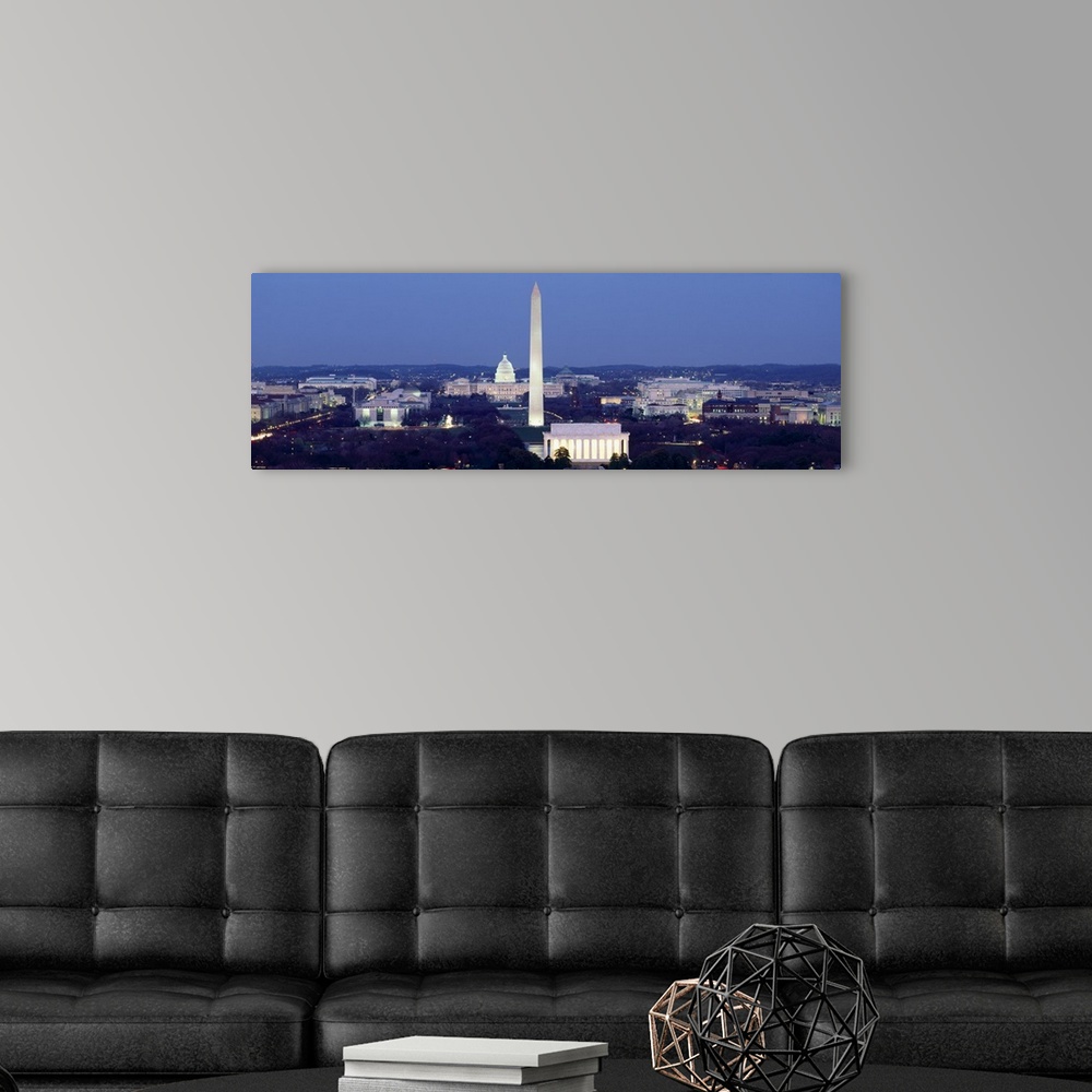 A modern room featuring Panoramic photograph of the United States capital at dusk, showing several landmarks including th...