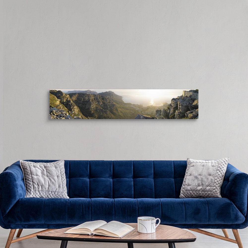 A modern room featuring High angle view of a coastline, Camps Bay, Table Mountain, Cape Town, South Africa