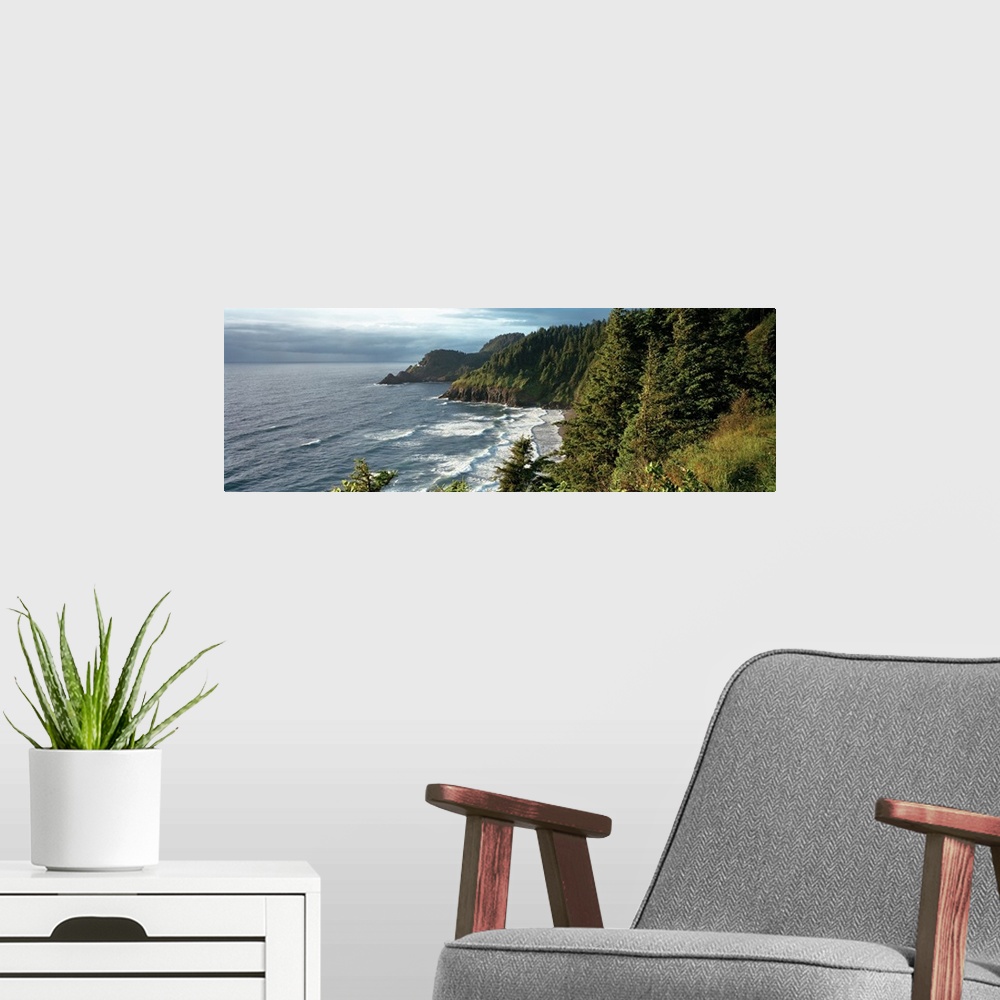 A modern room featuring High angle view of a coastline, Heceta Head Lighthouse, Oregon