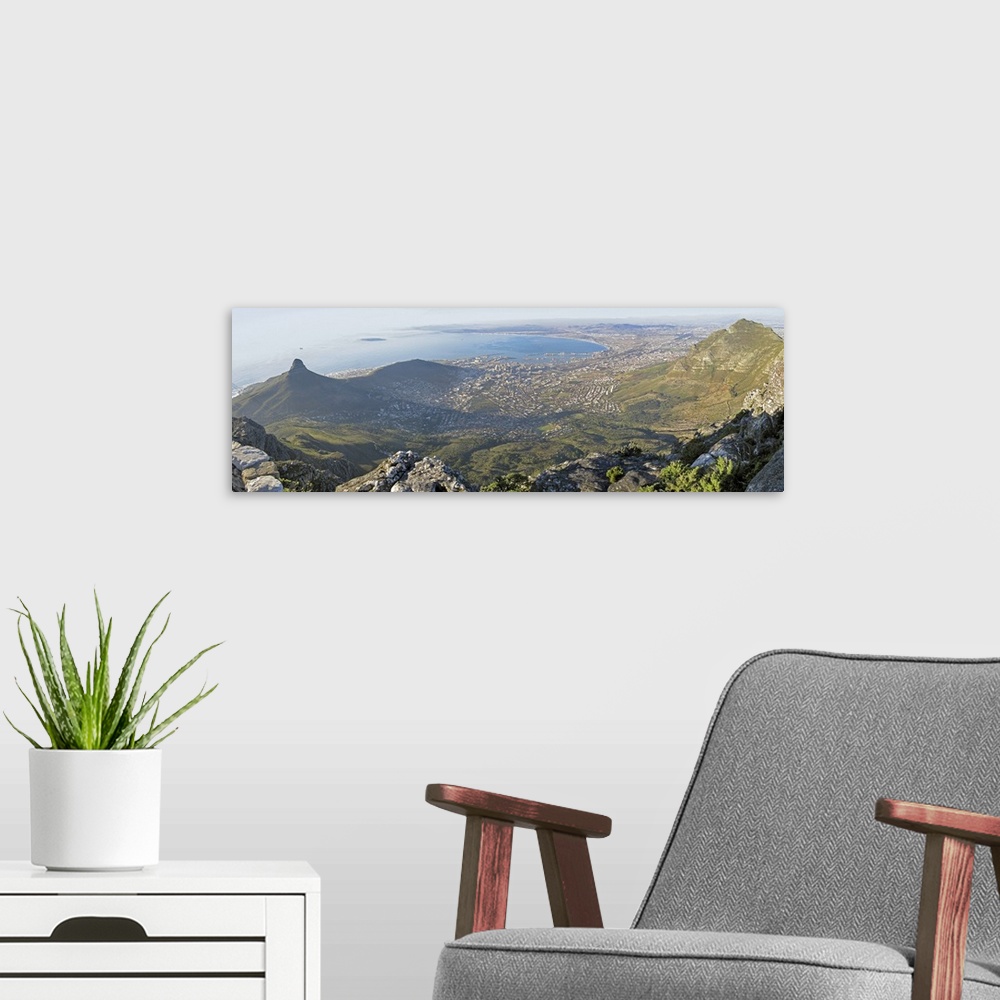 A modern room featuring High angle view of a coastline, Table Mountain, Cape town, South Africa