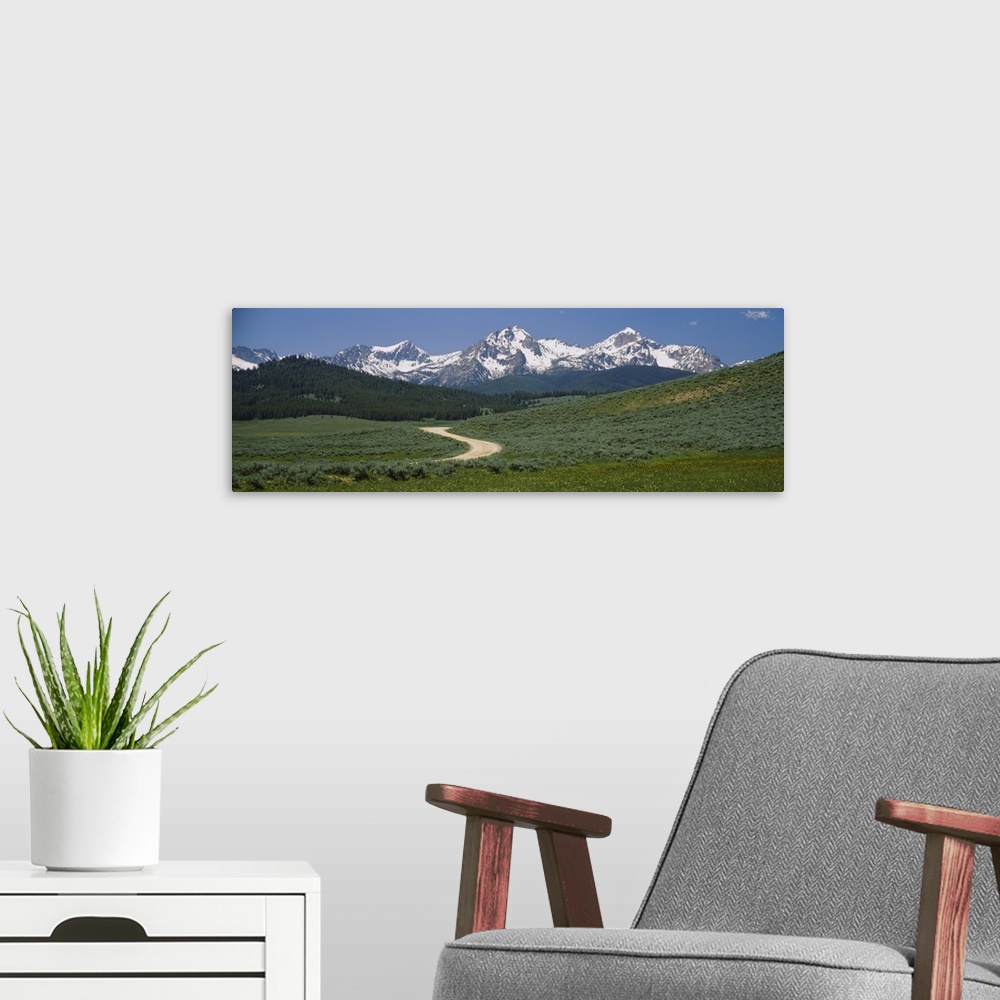 A modern room featuring High angle view of a dirt road running through the field, Sawtooth National Recreation Area, Stan...