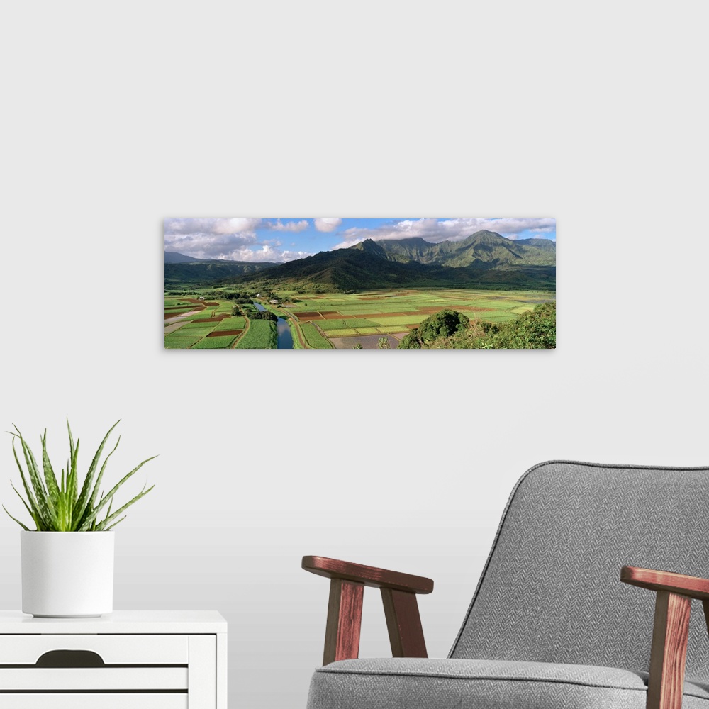 A modern room featuring High angle view of a field with mountains in the background, Hanalei Valley, Kauai, Hawaii