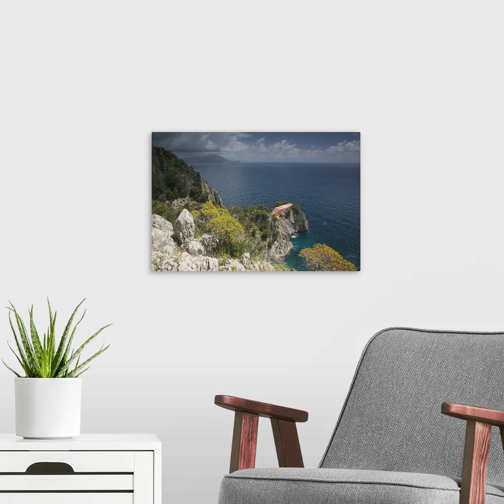 A modern room featuring High angle view of a house on a rock, Capri, Bay of Naples, Campania, Italy
