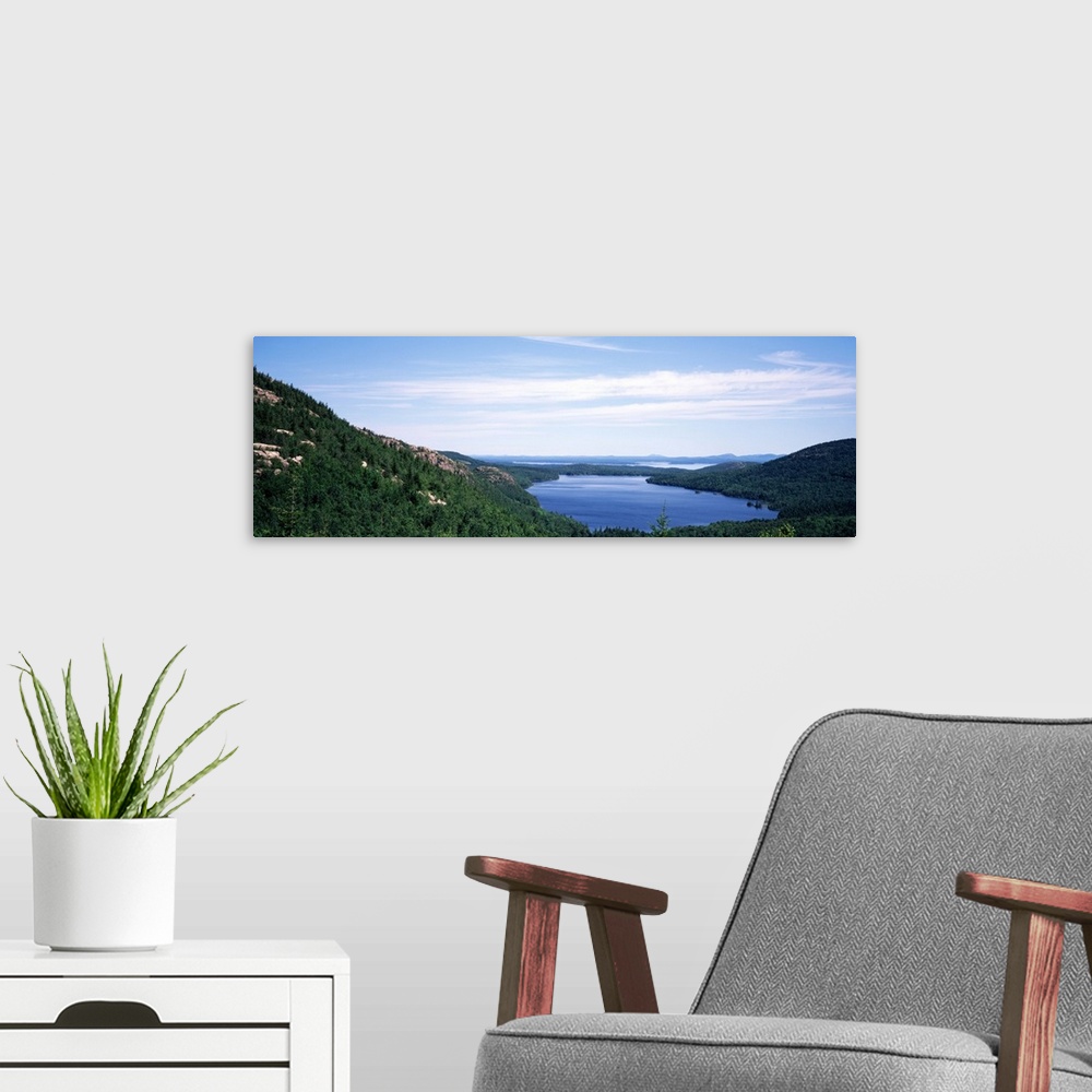A modern room featuring High angle view of a lake, Eagle lake, Maine