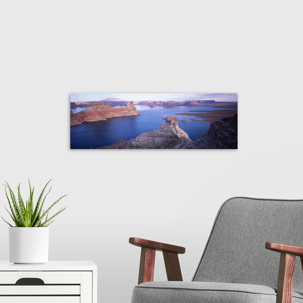 A modern room featuring High angle view of a lake in a canyon, Lake Powell, Glen Canyon National Recreation Area, Arizona