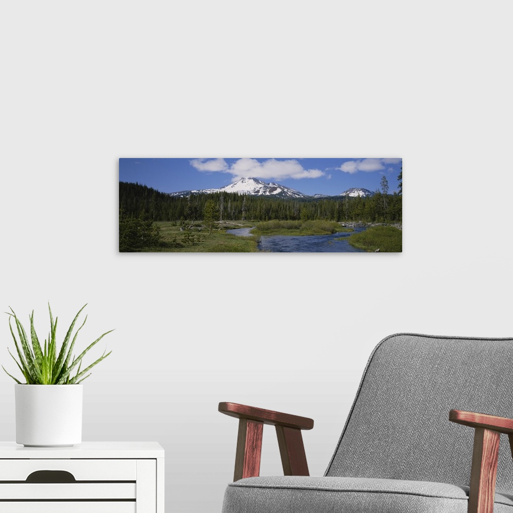 A modern room featuring High angle view of a lake in front of a snowcapped mountain, Mt Bachelor, Oregon