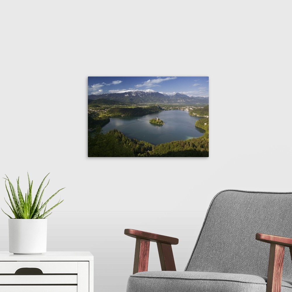 A modern room featuring High angle view of a lake, Lake Bled, Julian Alps, Bled, Gorenjska, Slovenia