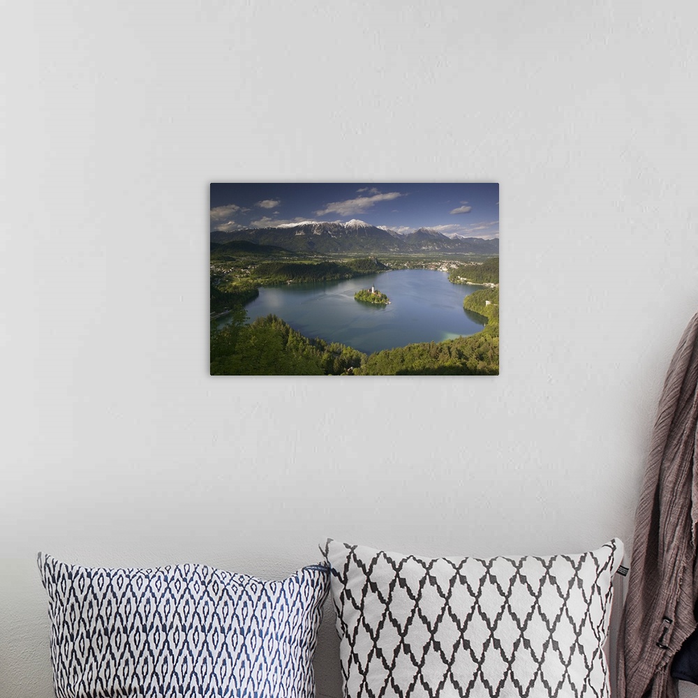 A bohemian room featuring High angle view of a lake, Lake Bled, Julian Alps, Bled, Gorenjska, Slovenia