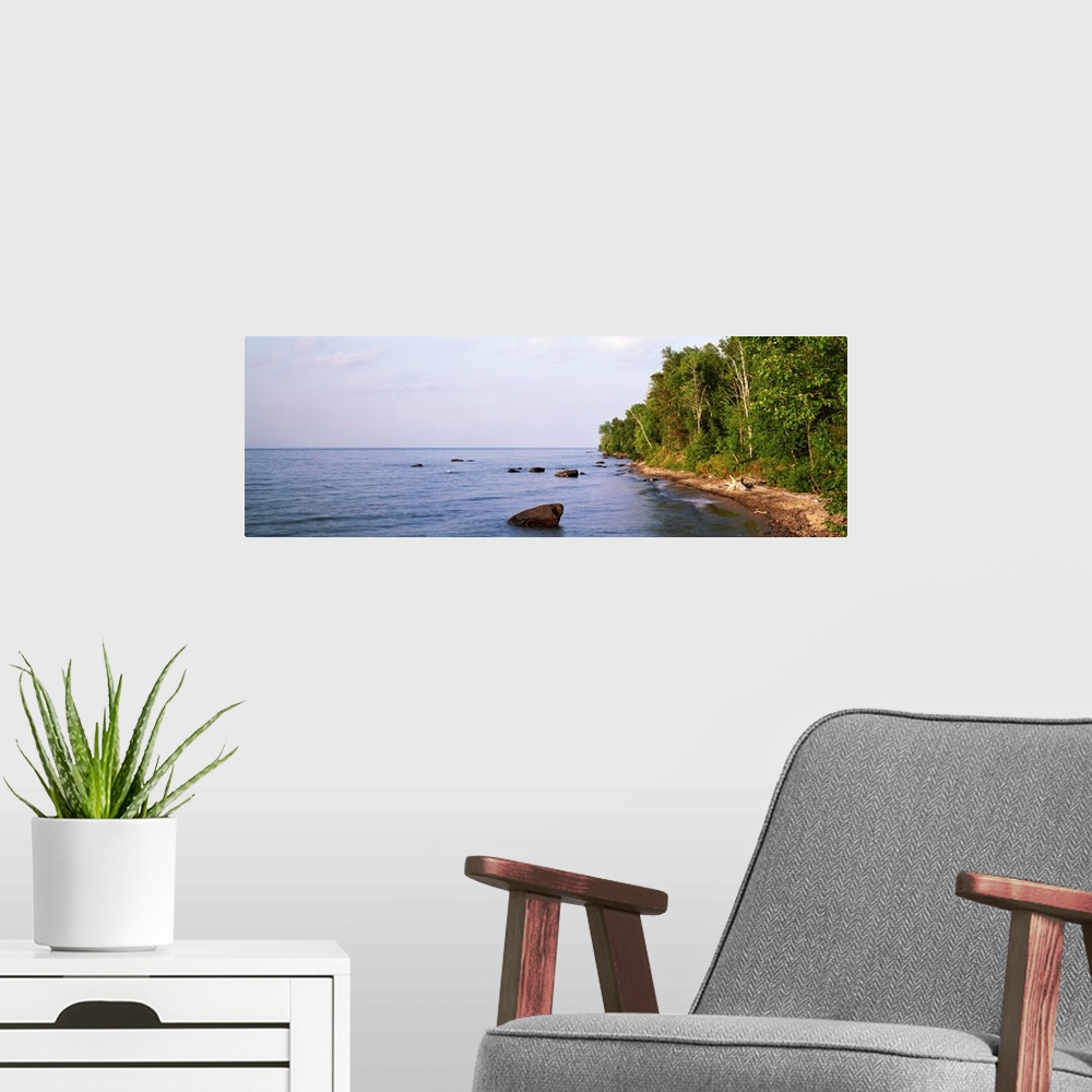 A modern room featuring High angle view of a lake, Lake Superior, Wilderness State Park, Upper Peninsula, Louisiana, Rhod...