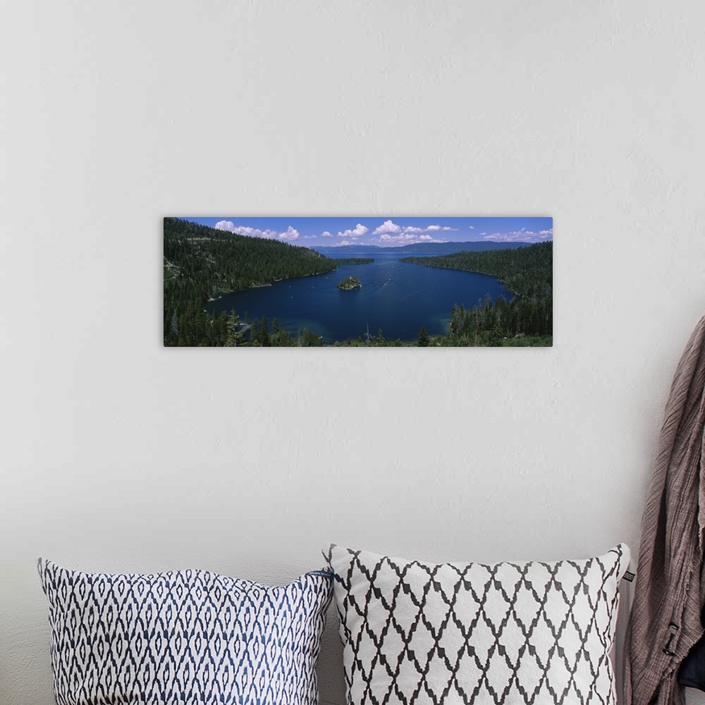 A bohemian room featuring Big panoramic photo of Lake Tahoe, California (CA). The land surrounding the lake is covered with...
