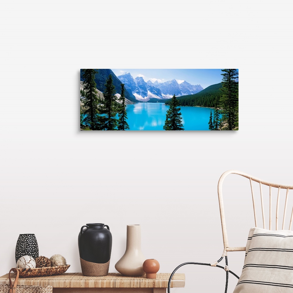 A farmhouse room featuring Panoramic photograph of the Valley of Ten Peaks that is located on Moraine Lake within Banff Nati...