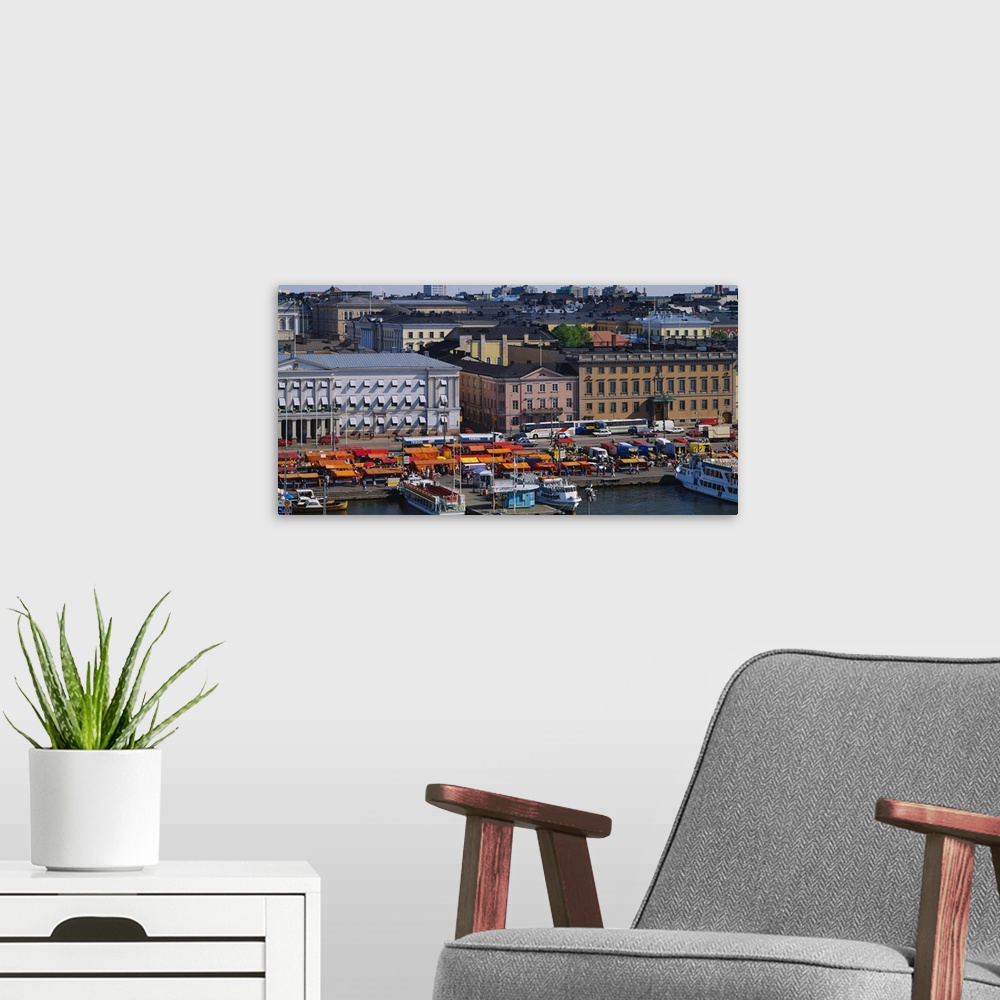A modern room featuring High angle view of a market along a harbor, Helsinki, Finland