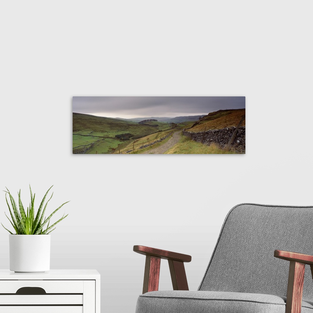 A modern room featuring High angle view of a path on a landscape, Ribblesdale, Yorkshire Dales, Yorkshire, England