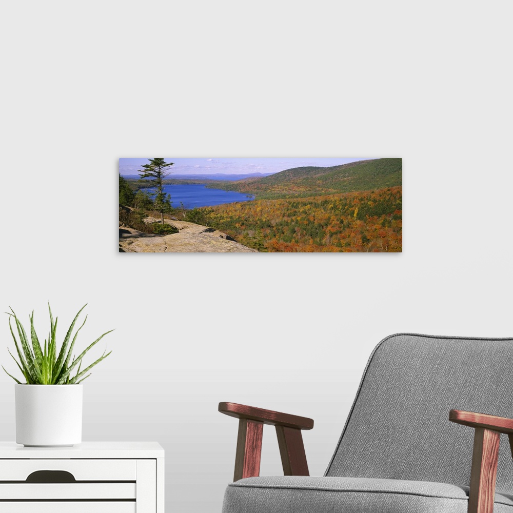 A modern room featuring High angle view of a pond near mountains, Bubble Mountain, Acadia National Park, Maine