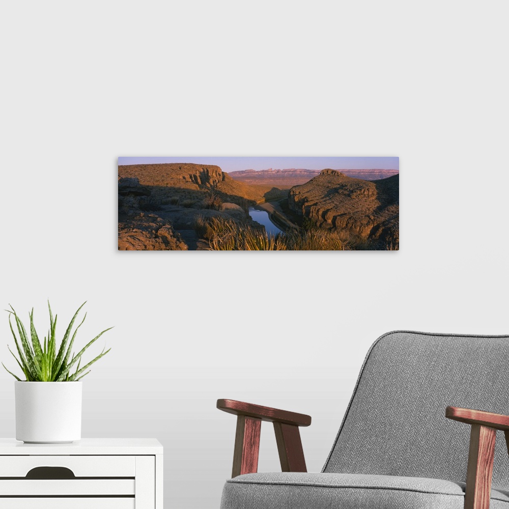 A modern room featuring High angle view of a river passing through a landscape, Rio Grande River, Big Bend National, Park...