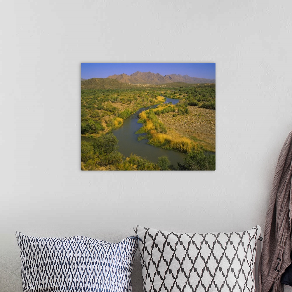 A bohemian room featuring High angle view of a river passing through a landscape, Verde River, Mazatzal Mountains, Tonto Na...
