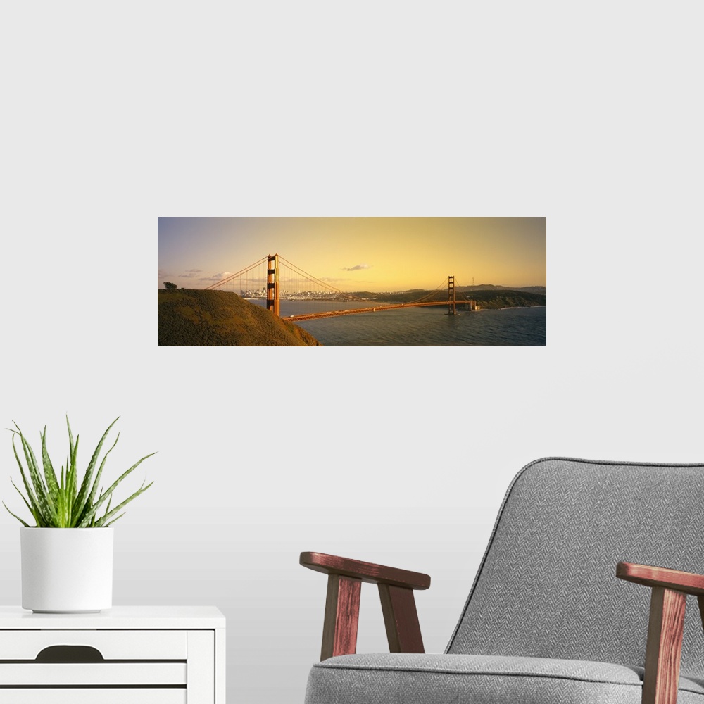 A modern room featuring High angle view of a suspension bridge across the sea, Golden Gate Bridge, San Francisco, California