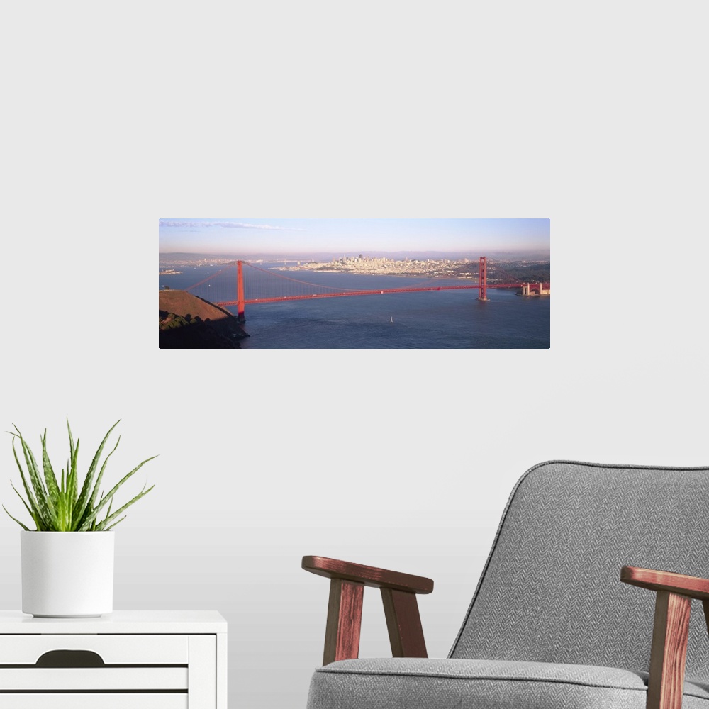 A modern room featuring High angle view of a suspension bridge across the sea Golden Gate Bridge San Francisco Marin Coun...