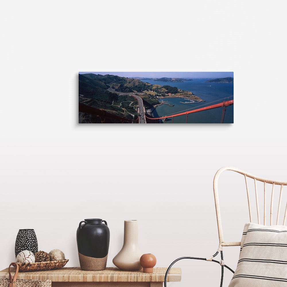 A farmhouse room featuring High angle view of a suspension bridge, Golden Gate Bridge, San Francisco, California,