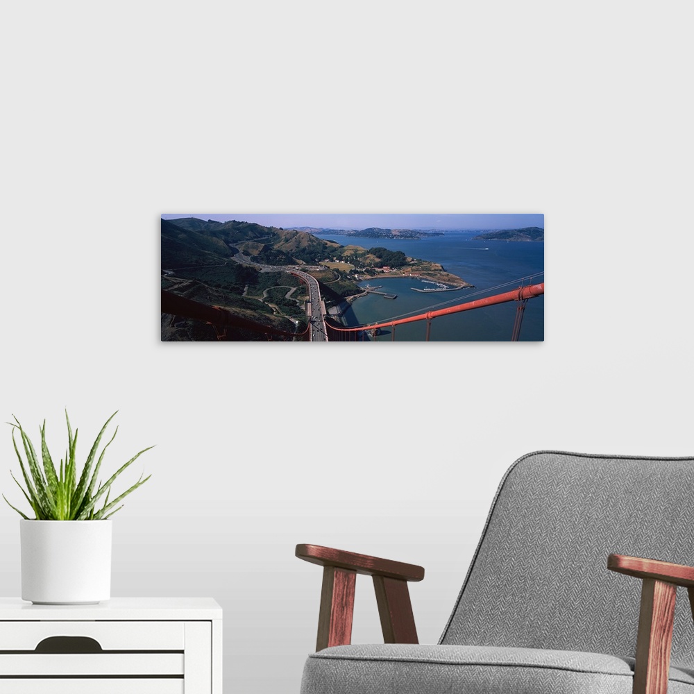 A modern room featuring High angle view of a suspension bridge, Golden Gate Bridge, San Francisco, California,