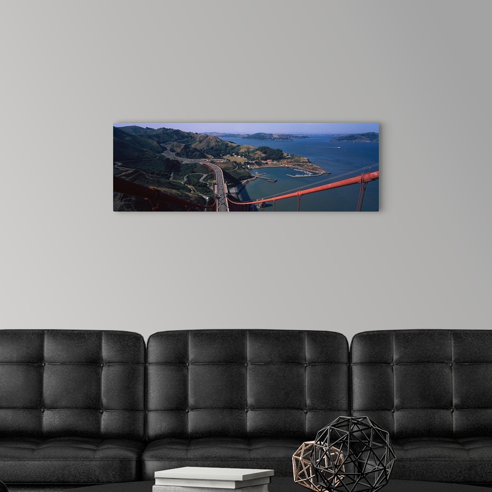 A modern room featuring High angle view of a suspension bridge, Golden Gate Bridge, San Francisco, California,