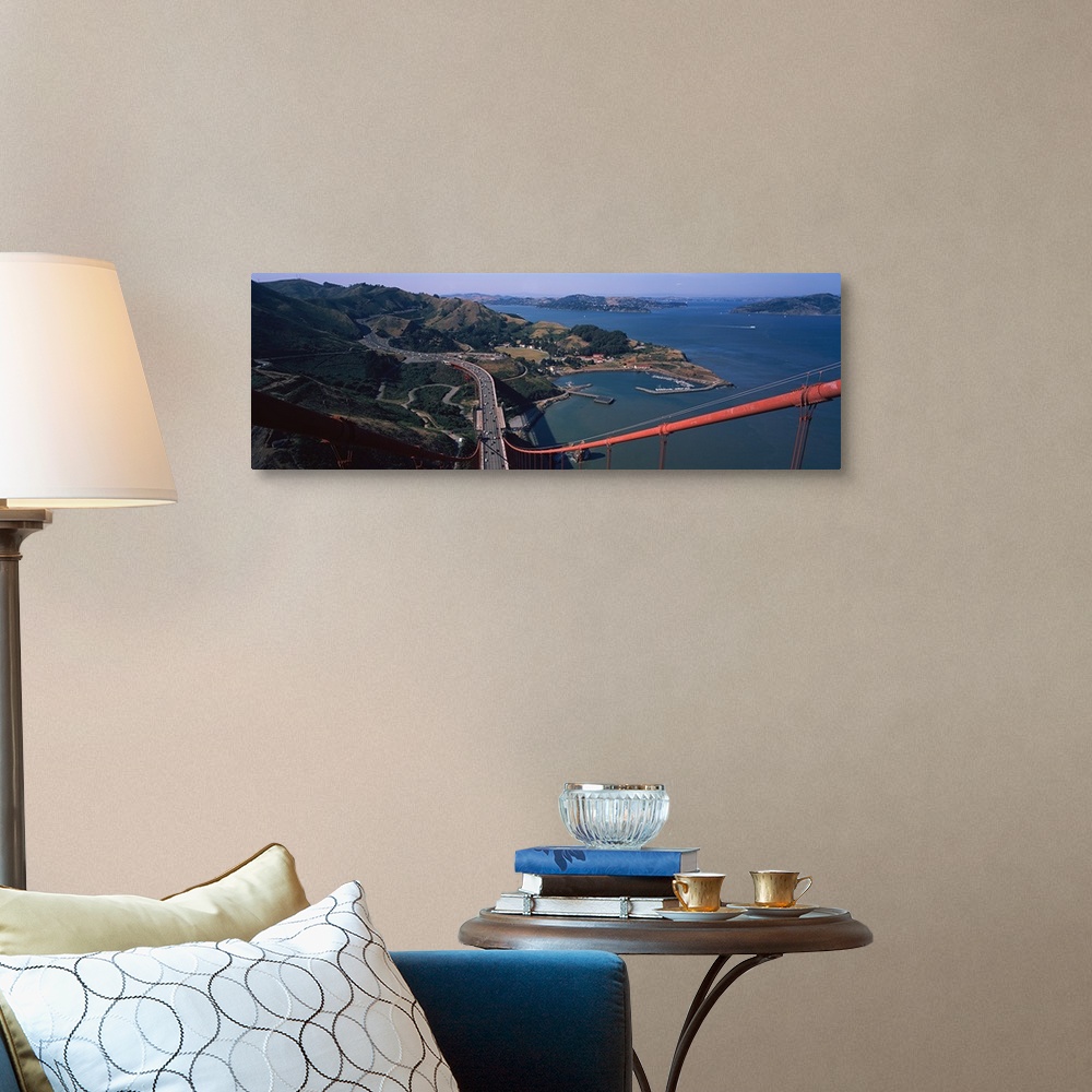 A traditional room featuring High angle view of a suspension bridge, Golden Gate Bridge, San Francisco, California,