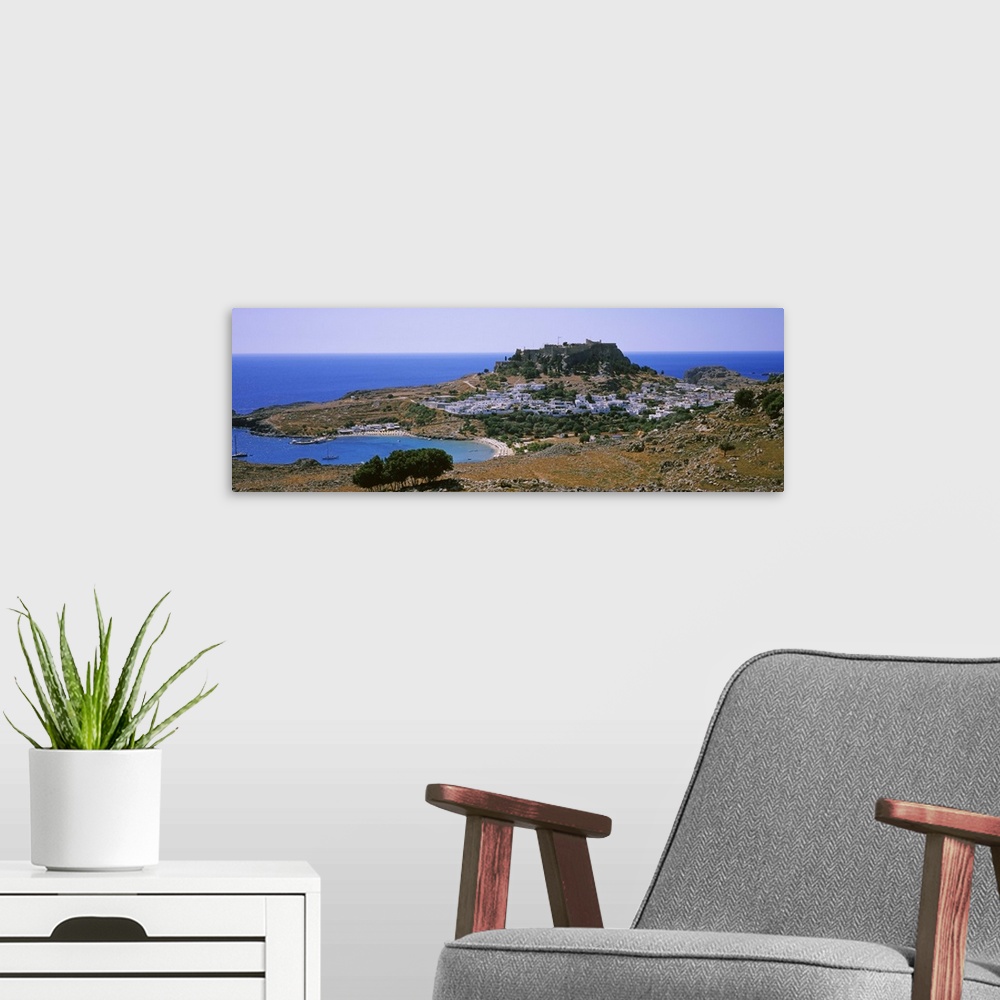 A modern room featuring High angle view of a town, Acropolis, Lindos, Rhodes, Greece