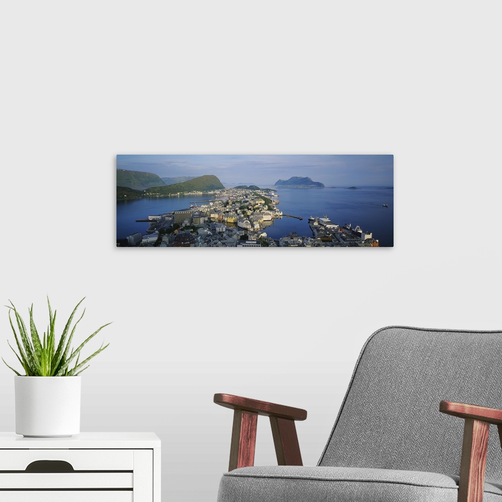 A modern room featuring High angle view of a town, Alesund, More og Romsdall, Norway