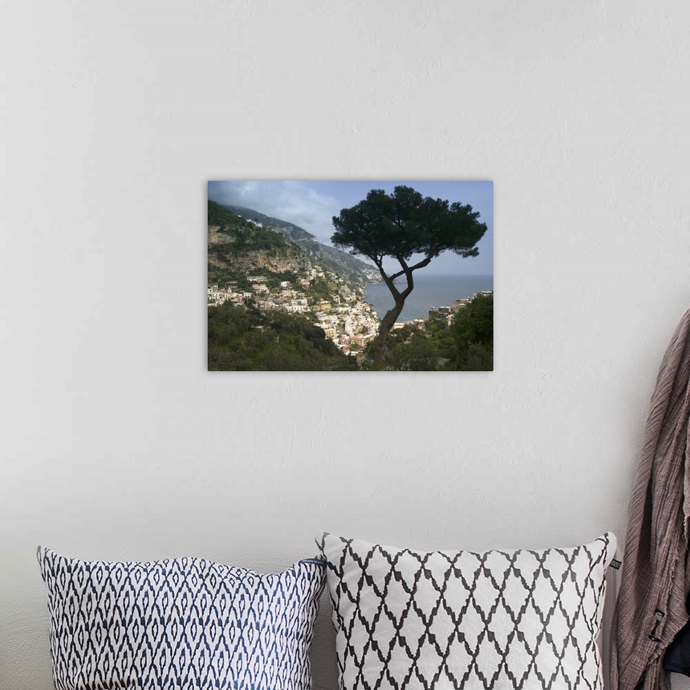 A bohemian room featuring Photo taken high up in the cliffs of the Amalfi Coast looking down at the light colored buildings...