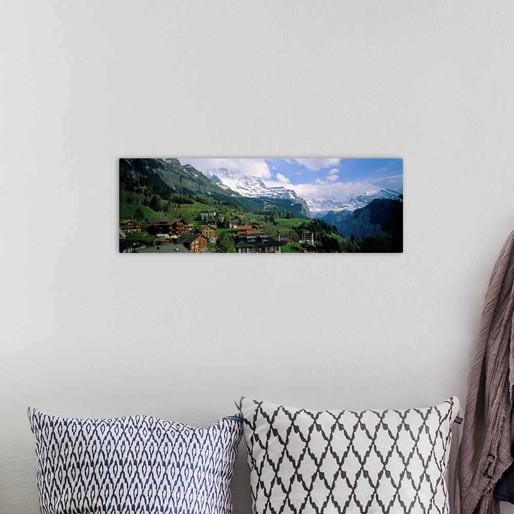 A bohemian room featuring High angle view of a village on a hillside, Wengen, Switzerland