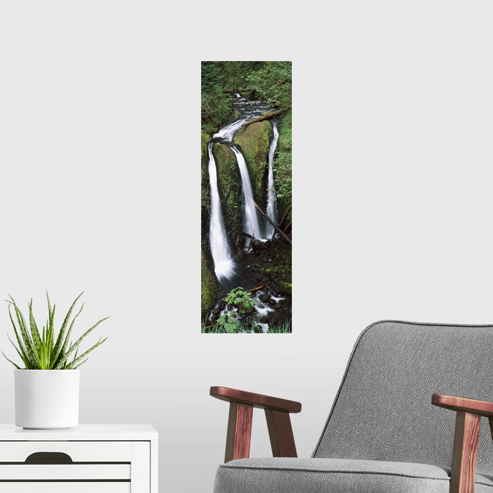 A modern room featuring High angle view of a waterfall in a forest, Triple Falls, Columbia River Gorge, Oregon,