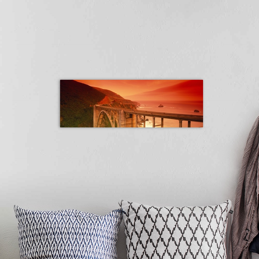 A bohemian room featuring Oversized, horizontal photograph of the Bixby Bridge, next to the cliffs of Big Sur, California, ...
