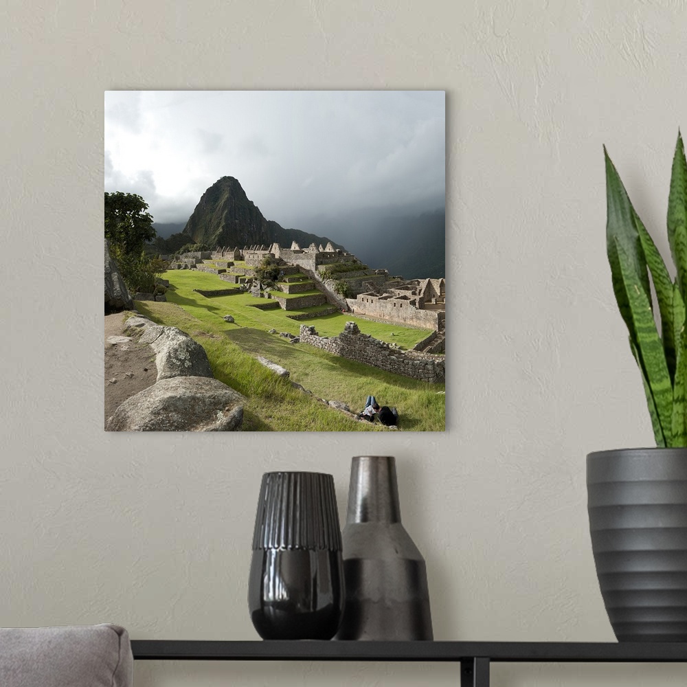 A modern room featuring High angle view of an archaeological site, Machu Picchu, Cusco Region, Peru