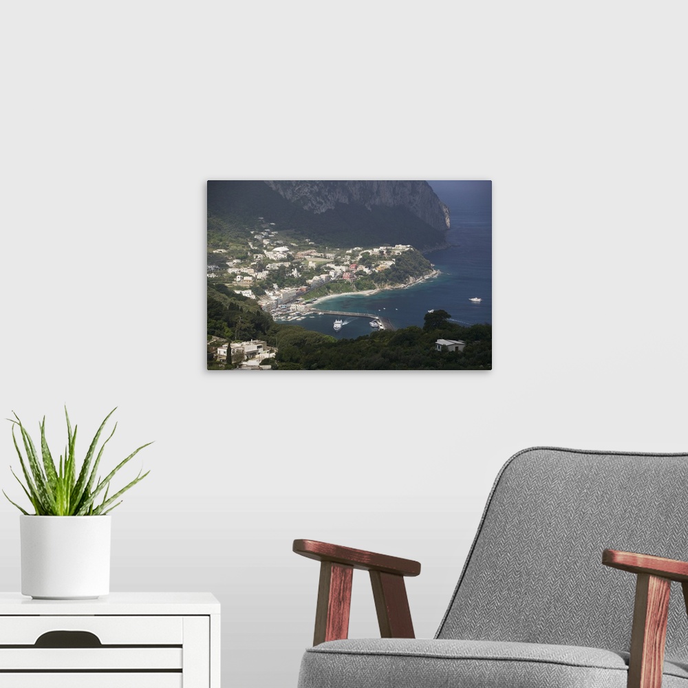 A modern room featuring High angle view of boats at a port, Capri, Bay of Naples, Campania, Italy