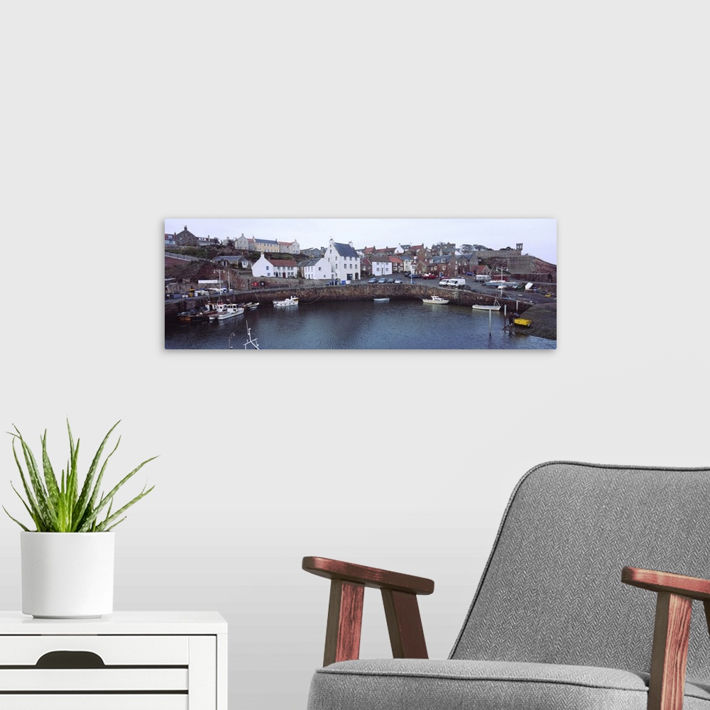 A modern room featuring High angle view of boats moored at a harbor, Crail, Scotland
