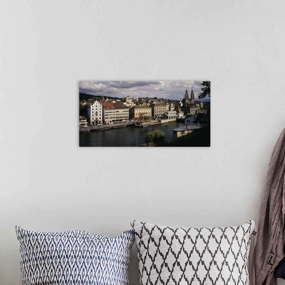 A bohemian room featuring High angle view of buildings along a river, River Limmat, Zurich, Switzerland