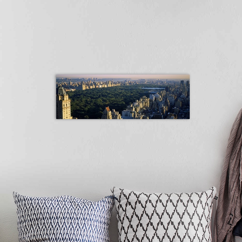 A bohemian room featuring Panoramic canvas photo of the trees and lake in Central Park surrounded by the buildings of the c...