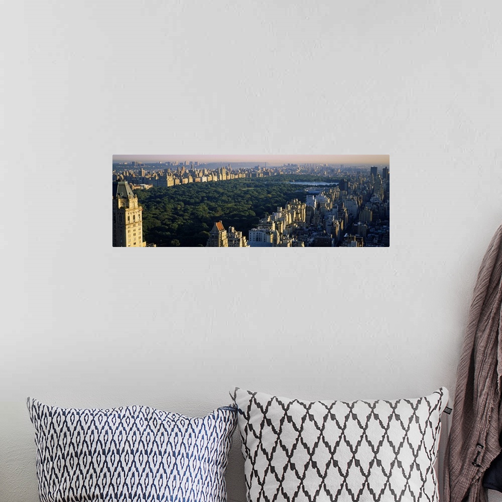 A bohemian room featuring Panoramic canvas photo of the trees and lake in Central Park surrounded by the buildings of the c...