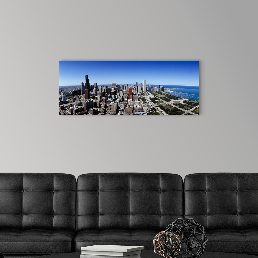 A modern room featuring High angle view of buildings in a city, Grant Park, Lake Michigan, Chicago, Illinois