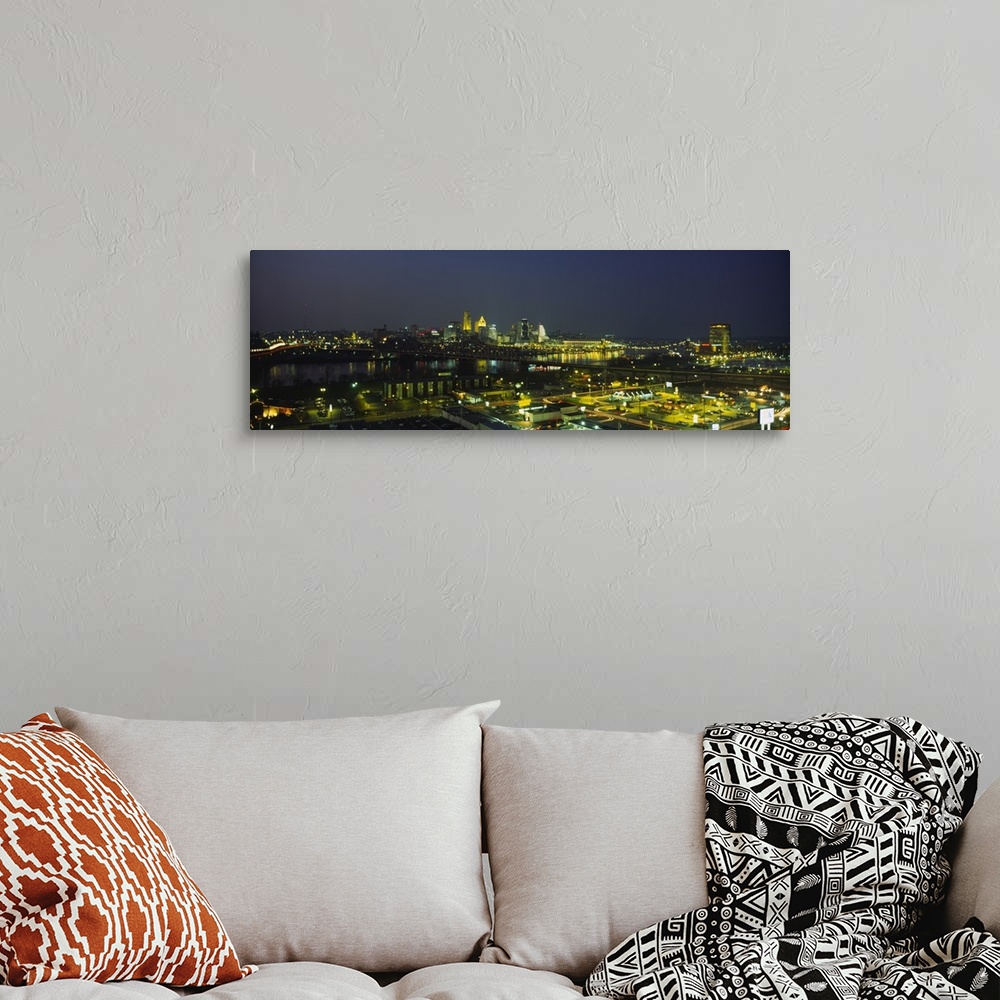 A bohemian room featuring High angle view of buildings in a city lit up at night, Cincinnati, Ohio