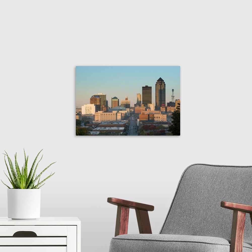 A modern room featuring High angle view of buildings in a city, Locust Street, Des Moines, Iowa