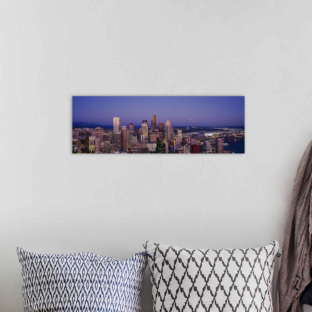 A bohemian room featuring High angle view of buildings lit up at dusk, Seattle, Washington State