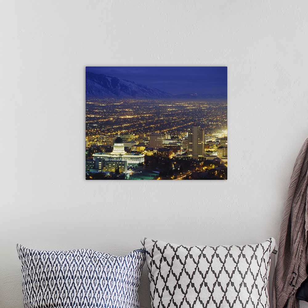A bohemian room featuring High angle view of buildings lit up at night in a city, State Capitol Building, Salt Lake City, Utah