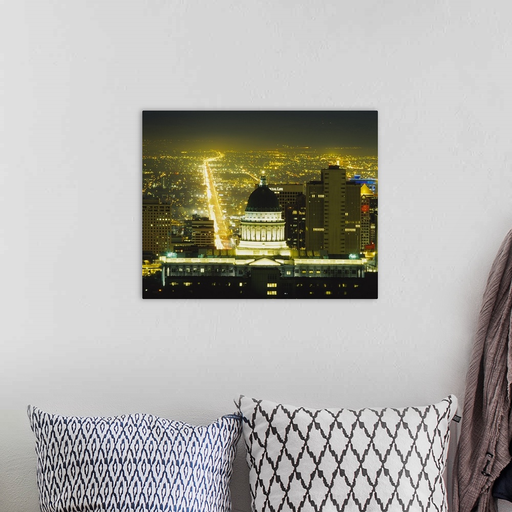 A bohemian room featuring High angle view of buildings lit up at night in a city, State Capitol Building, Salt Lake City, Utah